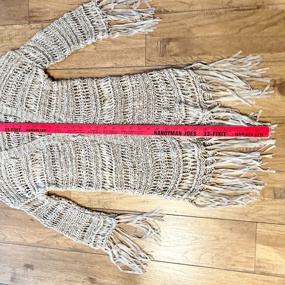 Rue 21 Crochet Open Weave Fringe Cardigan 3/4 sleeve Size Small Tan Beach Cover - Picture 6 of 10